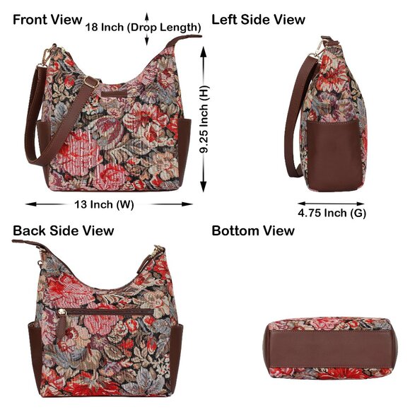 Women's Floral Tapestry Fabric Hobo Bag | Leather-Trimmed Crossbody Bag - Picture 3 of 8